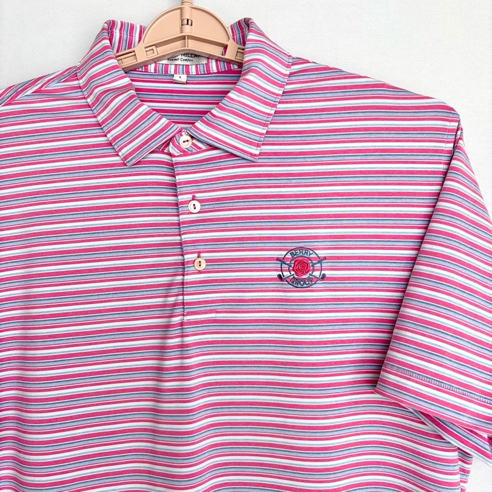 Peter Millar Summer Comfort Golf Polo Men Sz L Blue White Pink Stripe Preppy EUC